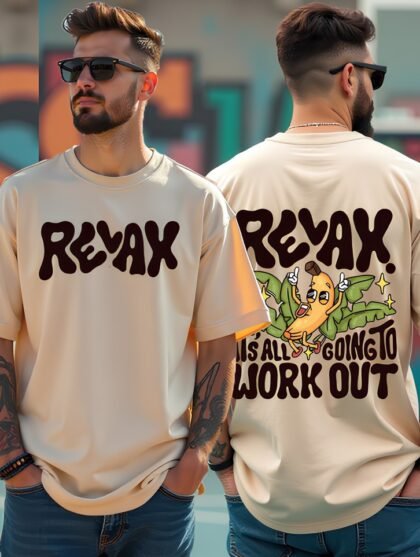 Relax Cartoon Banana Graphic T-Shirt – Beige Oversized Motivational Streetwear Tee