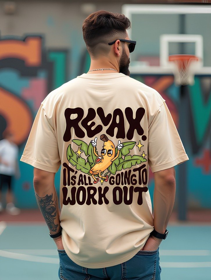 Relax Cartoon Banana Graphic T-Shirt – Beige Oversized Motivational Streetwear Tee - Image 2