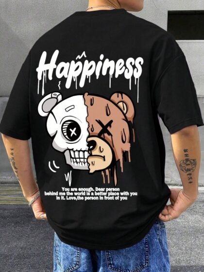 "Happiness Half Skull Bear Graphic Oversized T-Shirt